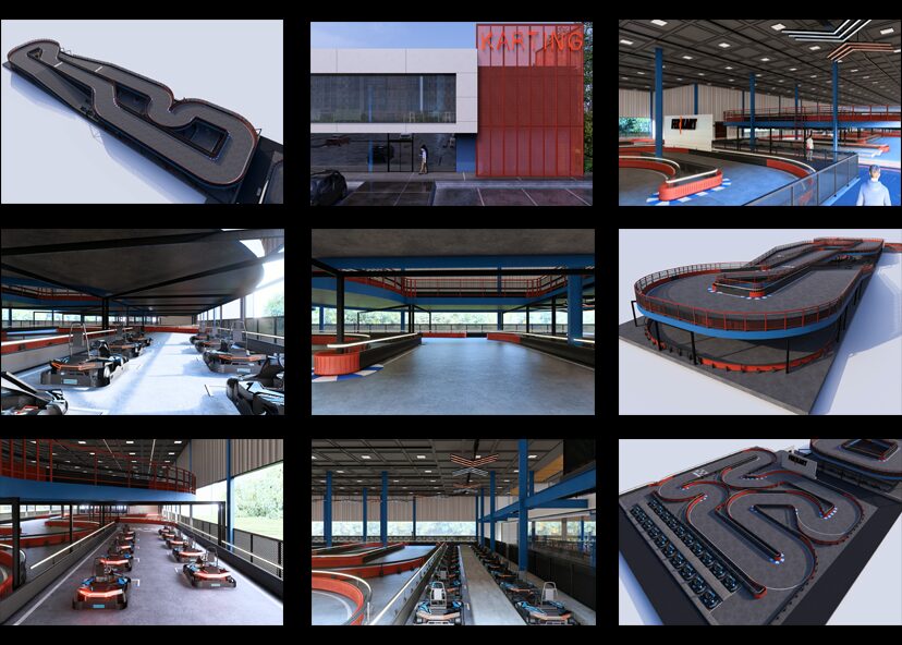 Amostras de design 2D e 3D usadas no planejamento de um negócio de kart